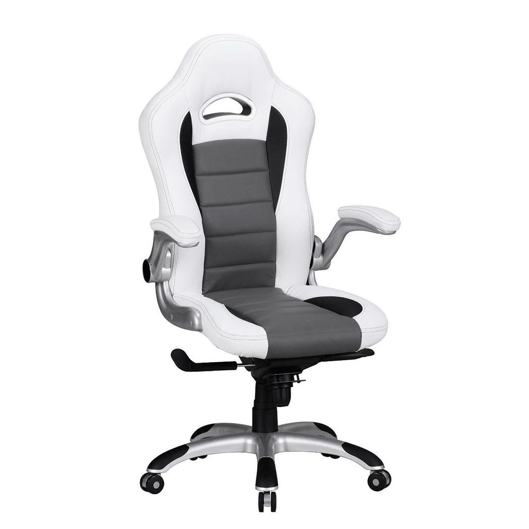 DEMO#  Chaise de bureau NORIS, Design Gamer, Utilisation 8h, en Cuir, Blanc