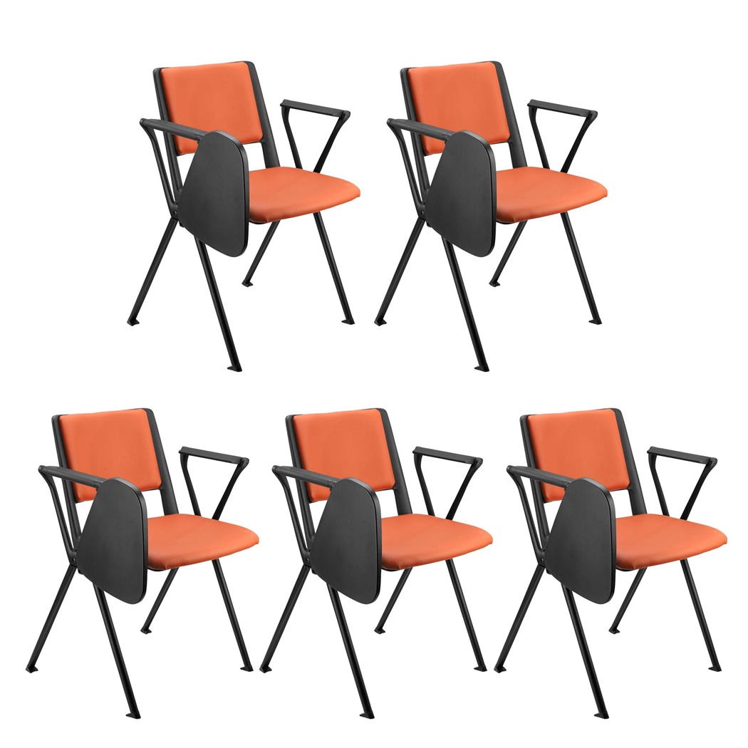 Lot de 5 chaises visiteur CARINA AVEC TABLETTE, Empilable, Crochets d’Attache, Piétement Noir, Cuir Orange