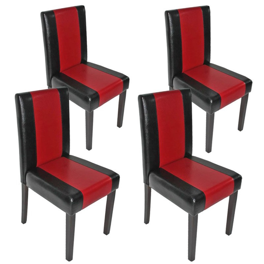 Lot de 4 Chaises de Salle à Manger LITAU BICOLORE, Cuir Rouge et Noir, Pieds Noirs