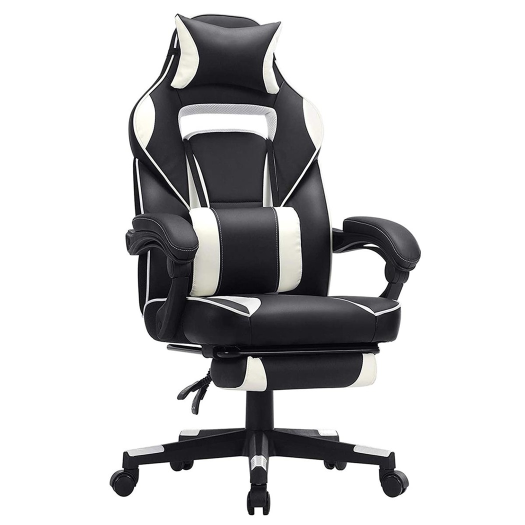 Fauteuil Gamer ROBIN, Repose-pieds, Coussins Lombaires et Cervicaux, Cuir, Noir/Blanc