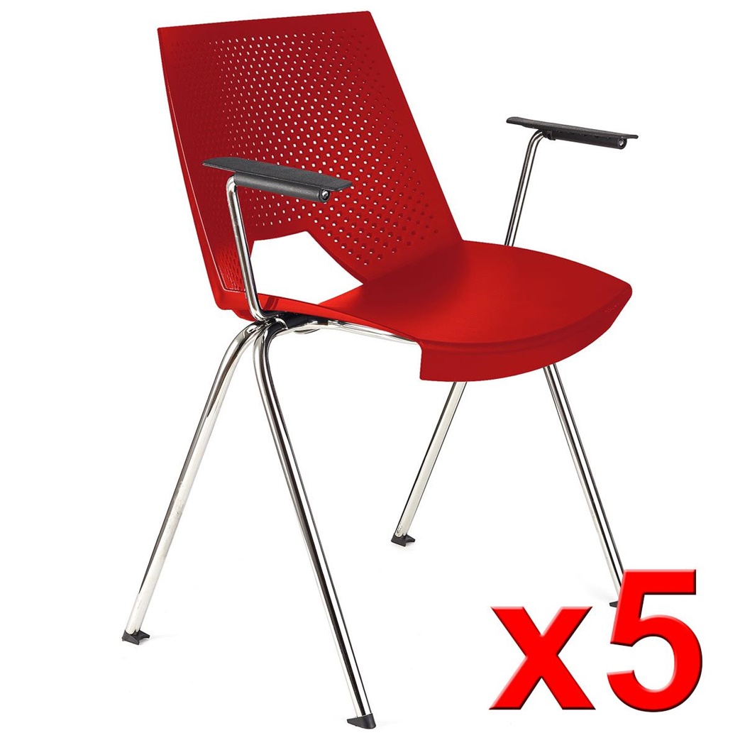 Lot de 5 Chaises visiteur ENZO AVEC ACCOUDOIRS, Commodes et Pratiques, Empilables, Rouge