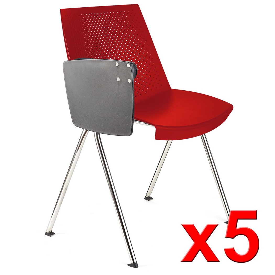 Lot de 5 Chaises visiteur ENZO AVEC TABLETTE, Commodes et Pratiques, Empilables, Rouge