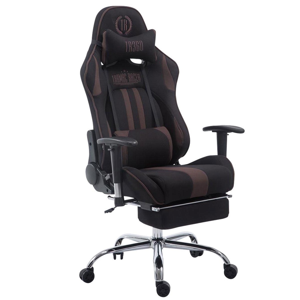 Fauteuil de bureau Gamer LOGAN TISSU avec Repose-pieds, Dossier Inclinable, Coussins Inclus, Piétement en Métal, Noir/Marron