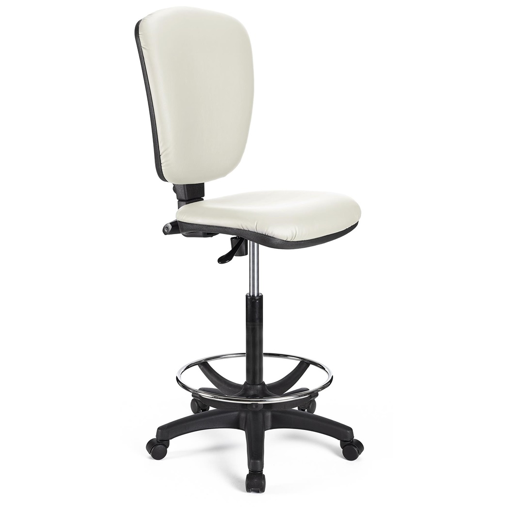 Tabouret de Travail CALIPSO SANS ACCOUDOIRS CUIR, Dossier Ajustable, Grand Rembourrage, Blanc