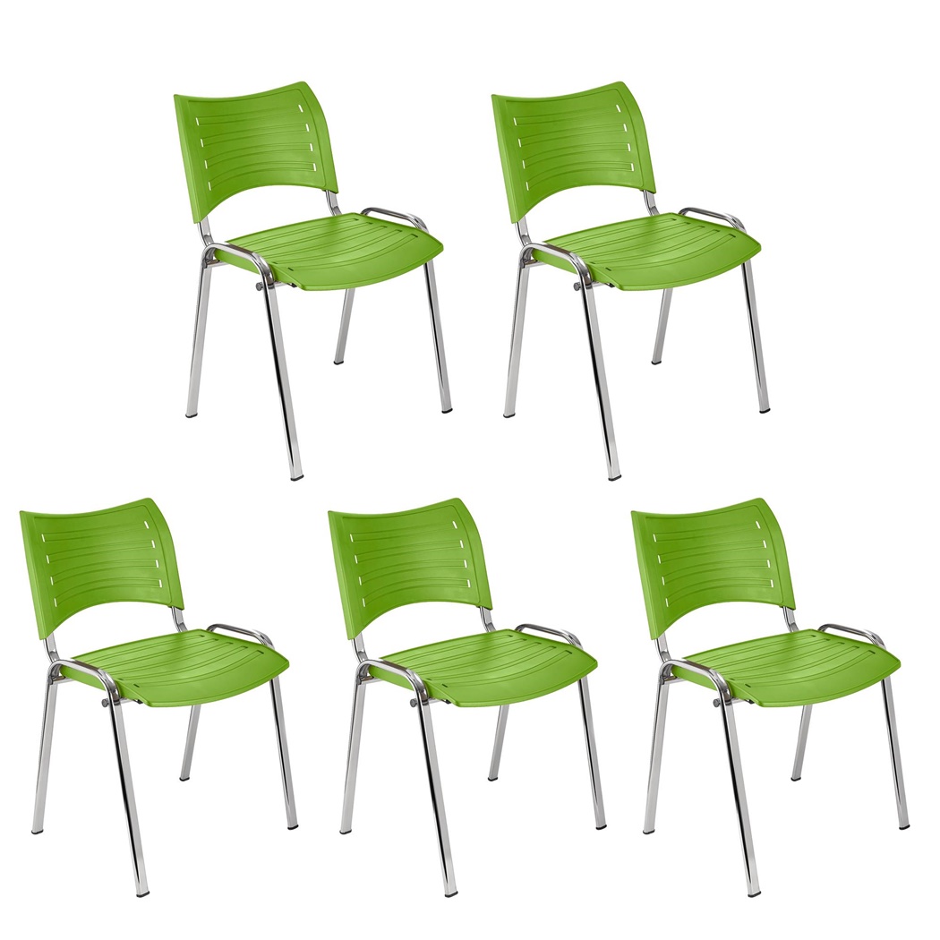 Lot de 5 Chaises visiteur ELVA, empilables et très pratiques, grande qualité, Vert et Piétement Chromé