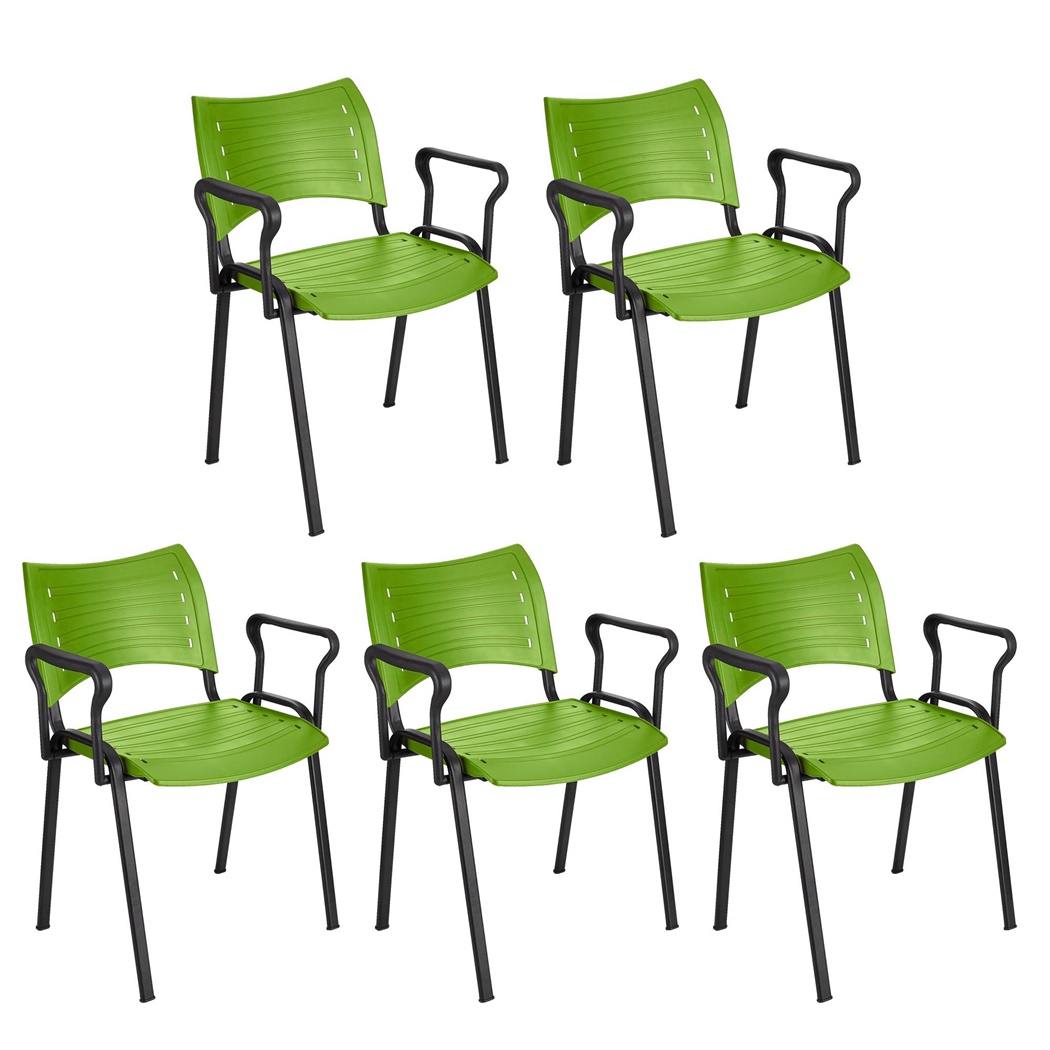 Lot de 5 Chaises visiteur ELVA AVEC ACCOUDOIRS, Empilables et Pratiques, Piétement Noir, Vert