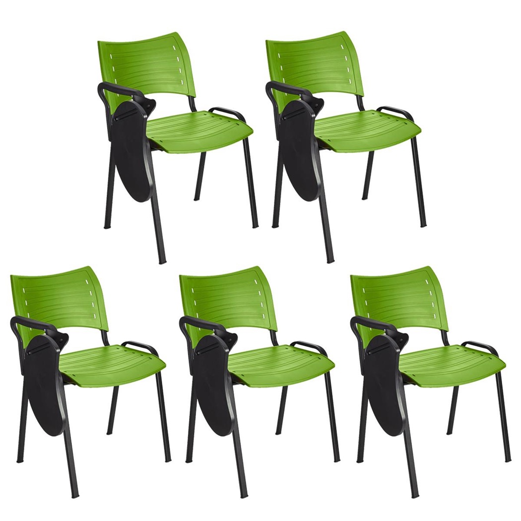 Lot de 5 Chaises visiteur ELVA AVEC TABLETTE, Empilables et Pratiques, Piétement Noir, Vert