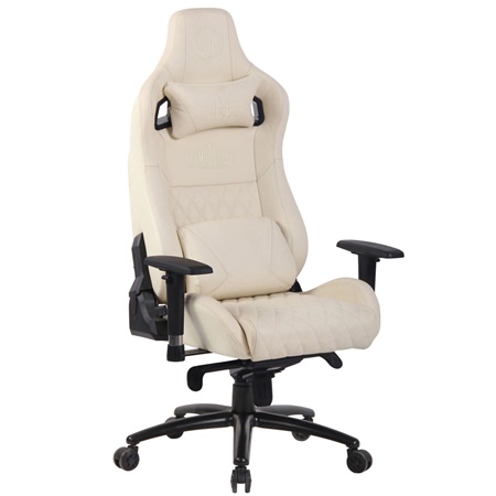 Fauteuil Gaming KAREN, Dossier Inclinable, Coussin Lombaire et Cervical, en Cuir Authentique, Crème