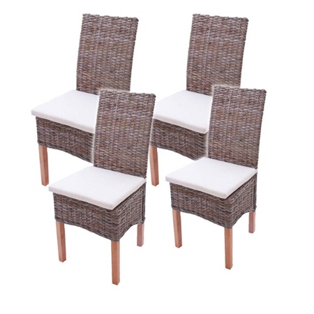 Lot de 4 Chaises de Salle à Manger ou de Jardin M44 en Bois et Rotin Couleur Naturel (Coussins Inclus)