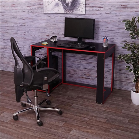 DEMO# Bureau Informatique RODES, 120x60x76cm, Design Linéaire, En Bois Noir et Rouge